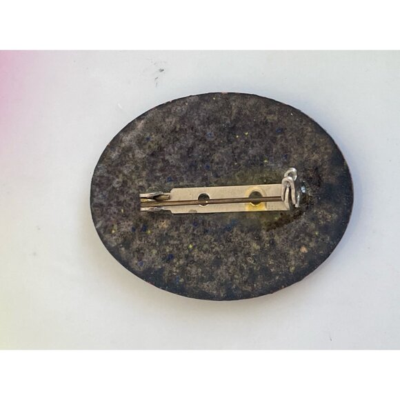 Vintage 1950s Black Enamel Copper Brooch With Gold Flower - Picture 4 of 6